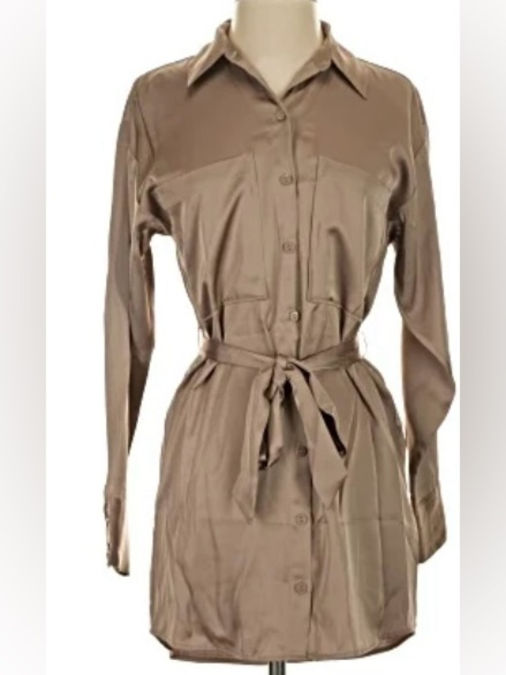 Abercrombie Fitch Dress Womens Large Tan Shirt Belted Satin